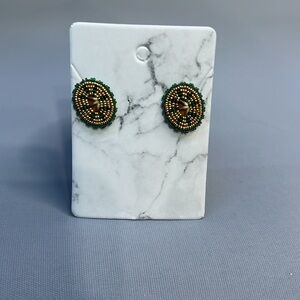Handmade Alaska Native Beaded earrings green gold with quills (A-96)